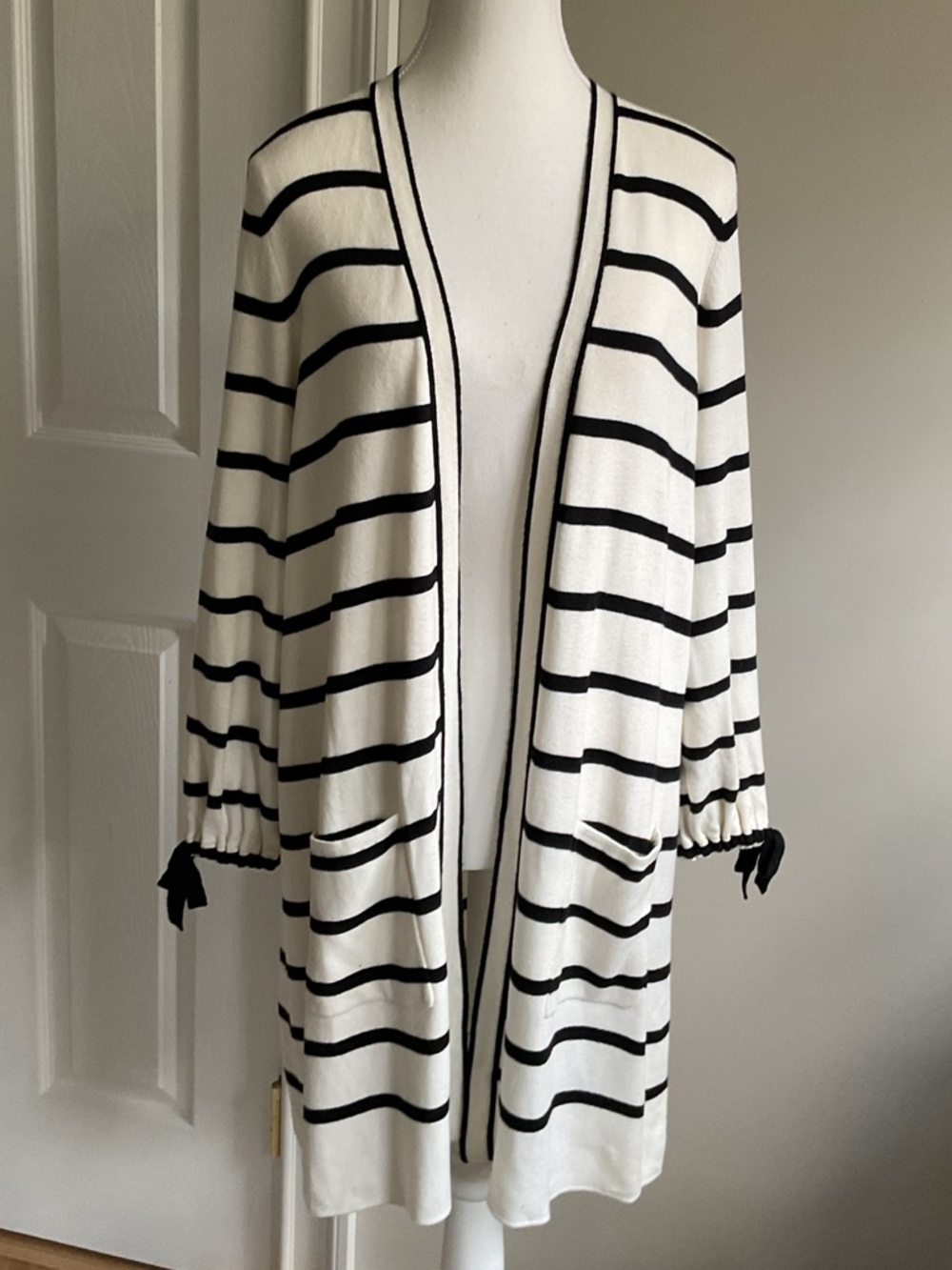 Talbots Black & White Striped Open-Front Cardigan